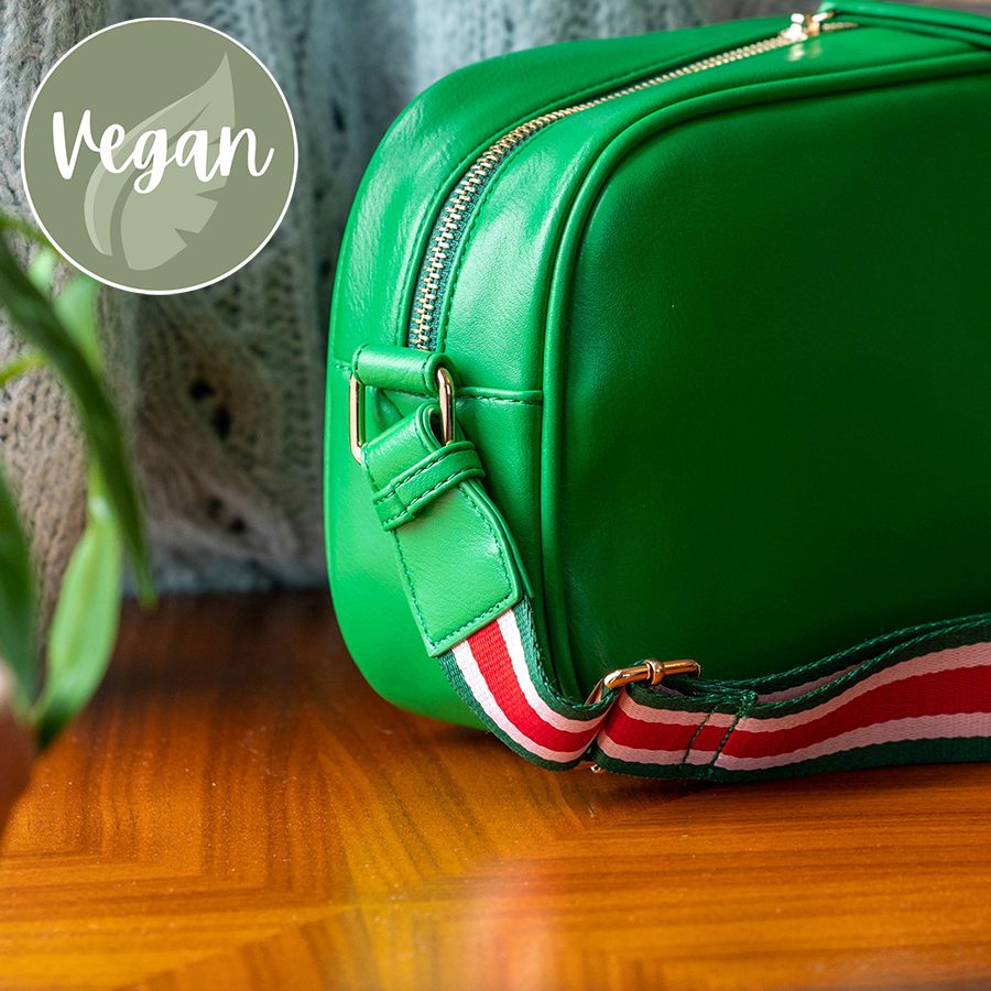 Green Vegan Leather Crossbody Bag With Striped Strap