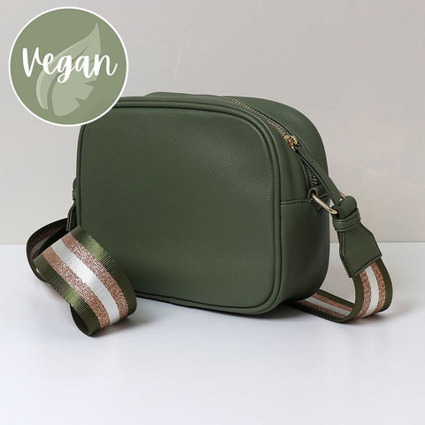 Khaki Vegan Leather Crossbody Bag With Striped Strap