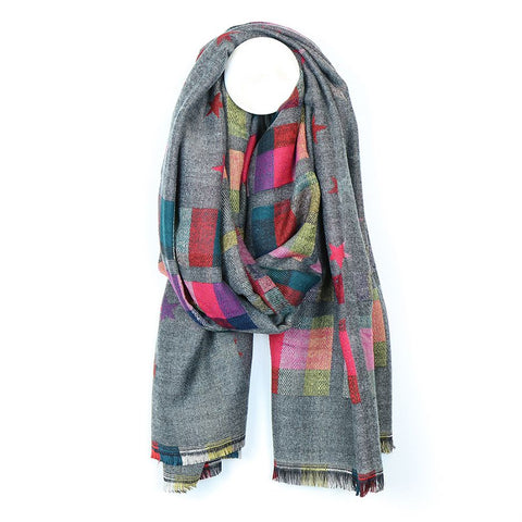 Grey & Pink Mix Reversible Check & Star Scarf