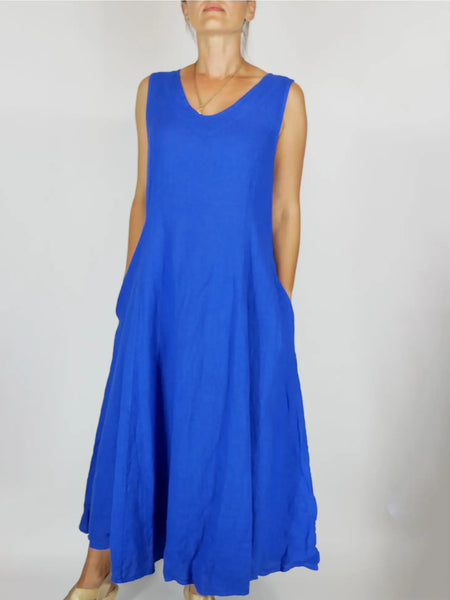 Linen Venetian V Neck Dress Royal Blue