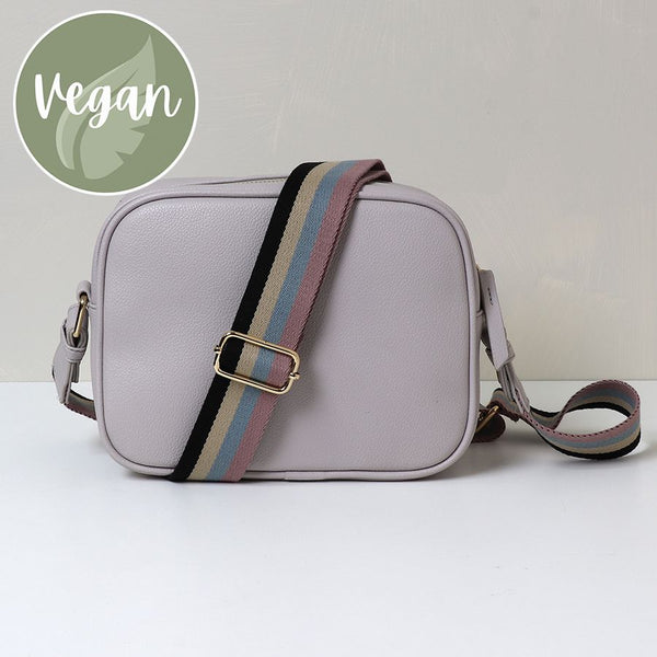 Pink/Grey Vegan Leather Crossbody Bag With Striped Strap