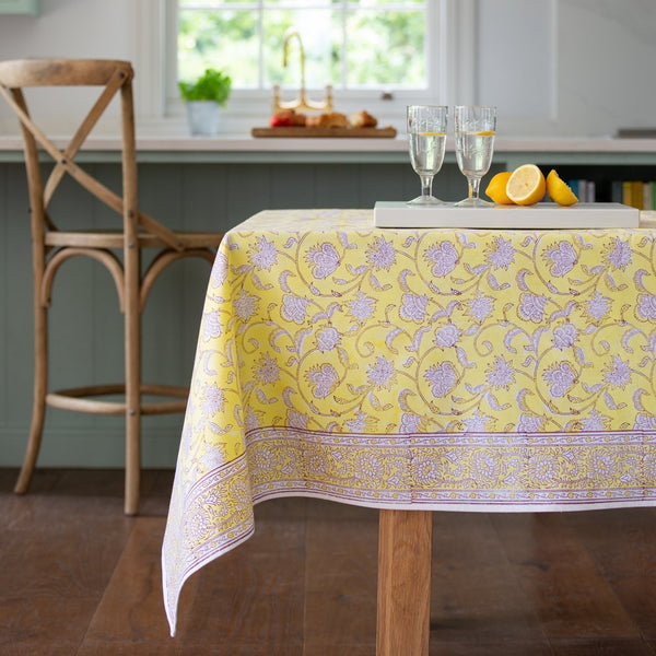 Lemon Floral Cotton Hand Block Print Tablecloth