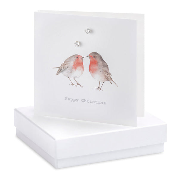 Boxed Happy Christmas Robins Silver Earring Card
