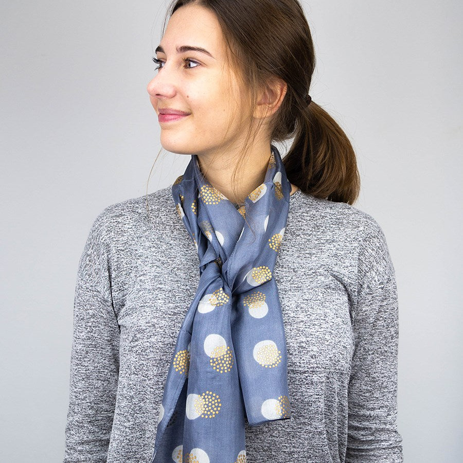 Blue Grey And Gold Spotted Hand Printed Silk Scarf