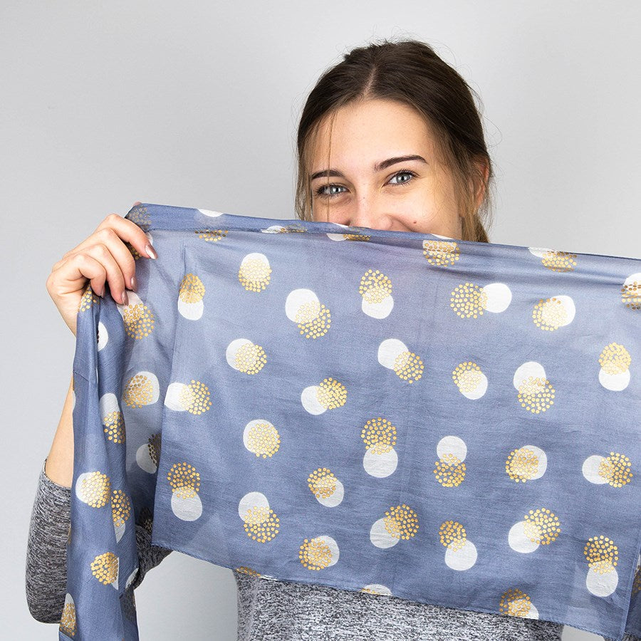 Blue Grey And Gold Spotted Hand Printed Silk Scarf