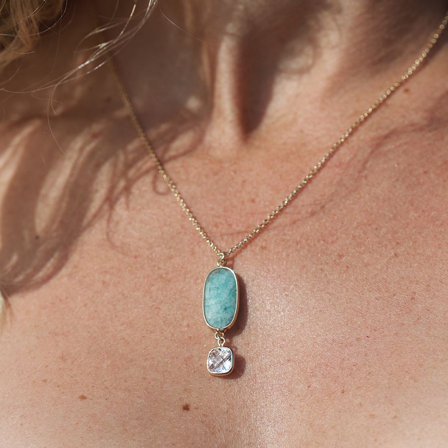 Gold, Aqua & Crystal Drop Necklace