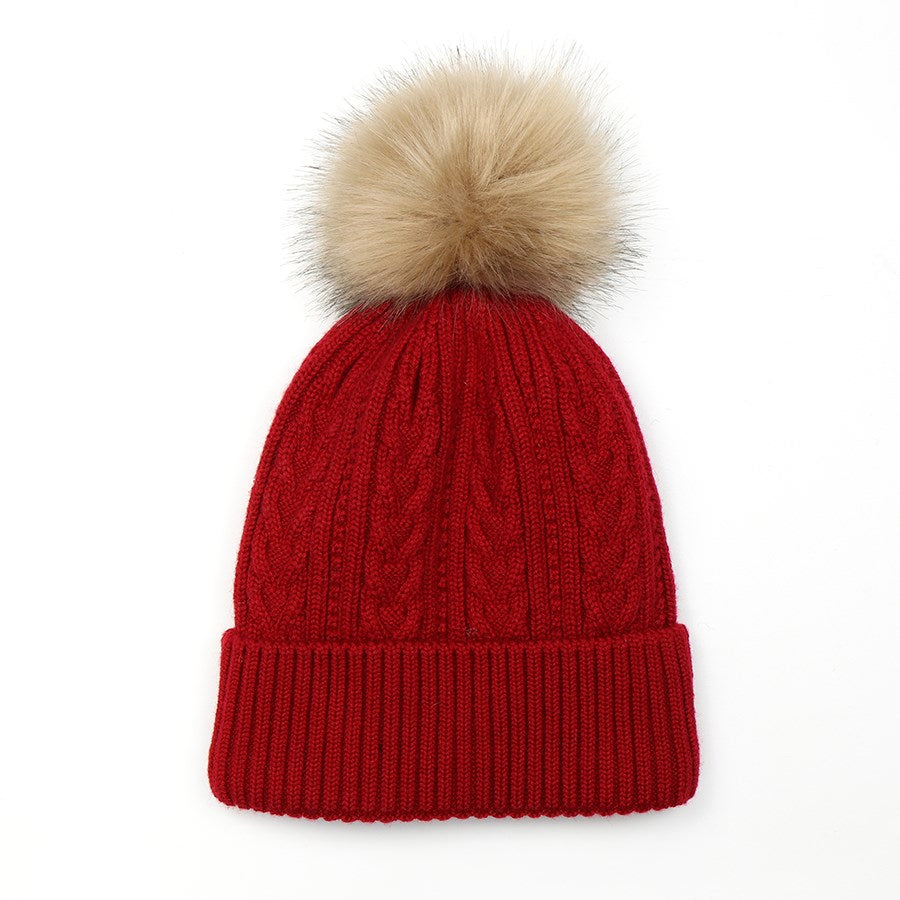 Deep Red Cable Knit Faux Fur Bobble Hat