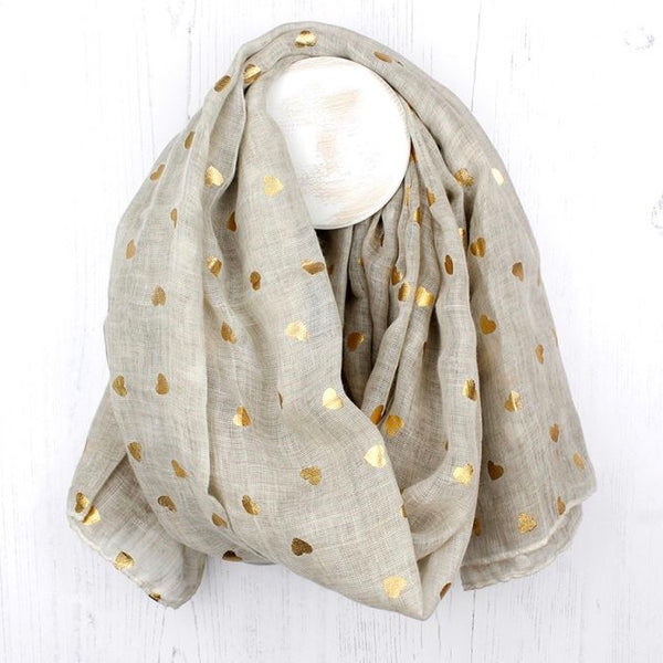 Washed Natural Scarf With Metallic Gold Heart Print