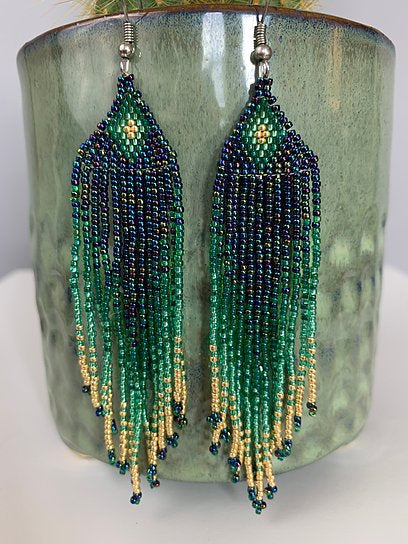 Iridescent Peacock Jade & Gold Beaded Earrings