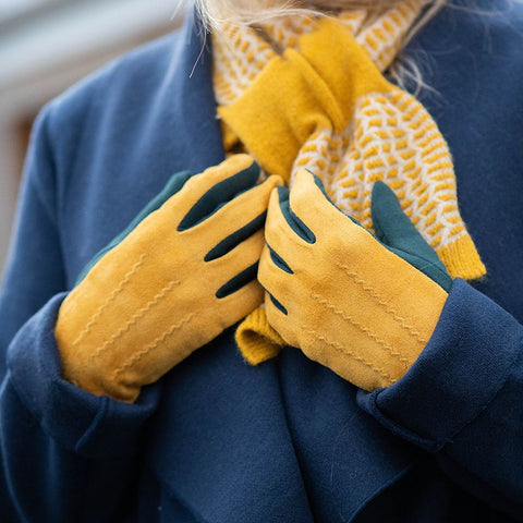Mustard & Grey Faux Suede Gloves