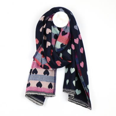 Navy Reversible Multicoloured Pastel Heart & Check Scarf