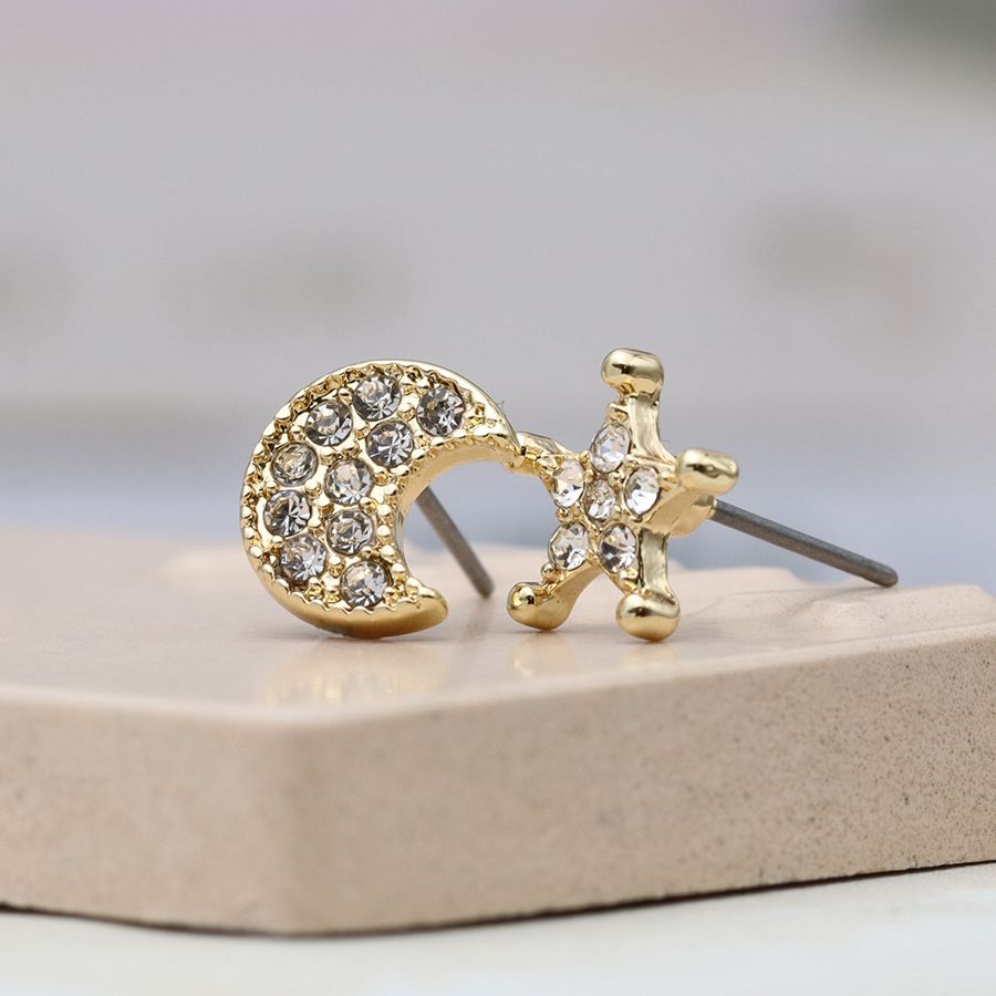 Gold Star & Moon Crystal Stud Earrings