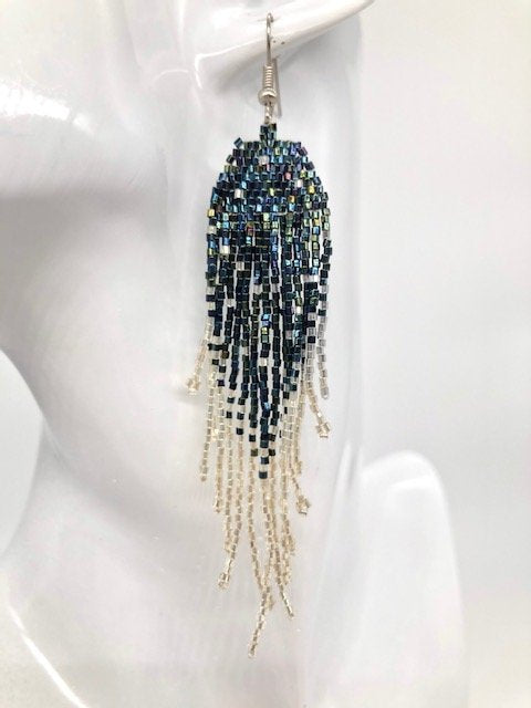 Iridescent Peacock & Silver Beaded Earrings