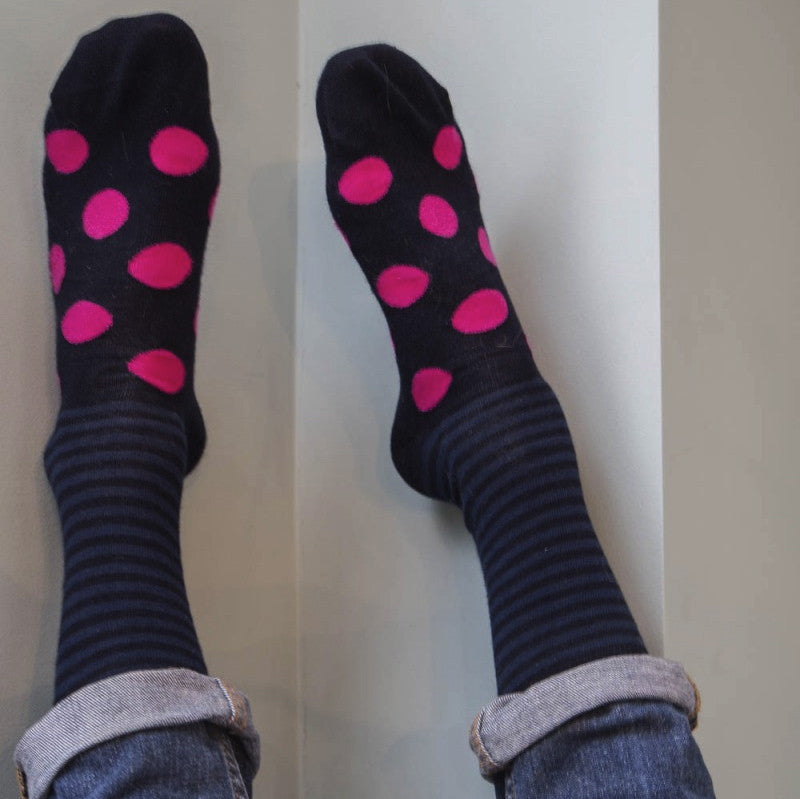 Navy & Fuchsia Spots & Stripes Mens Socks