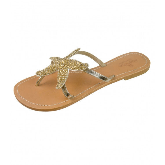 Gold Starfish Beaded Natural Leather Sandals