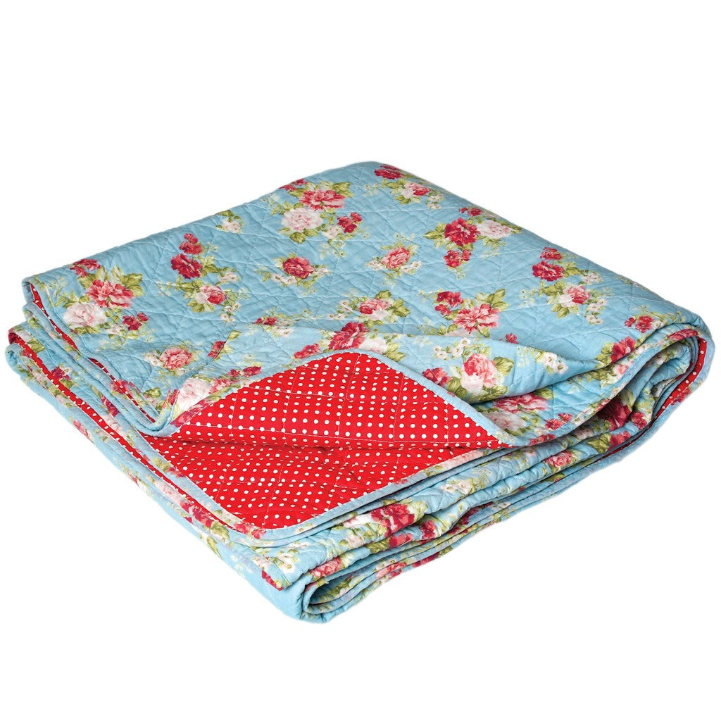 Blue Cottage Rose Quilted Double Bedspread