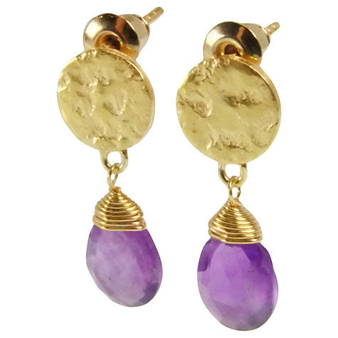 Gold Plated Disc Earrings with Amethyst