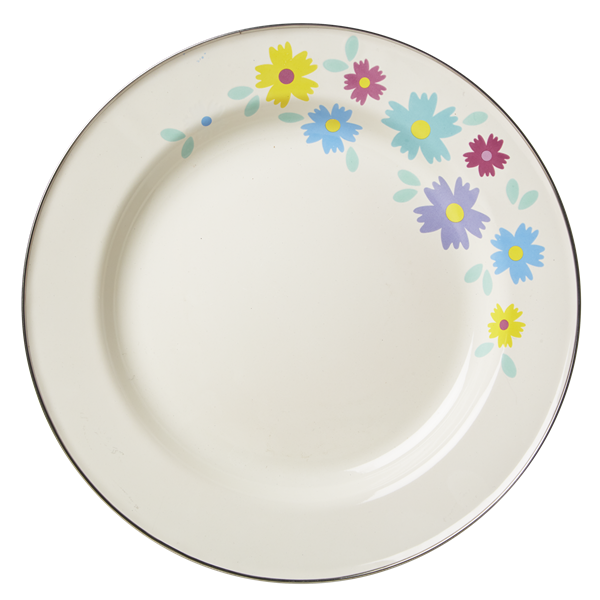 Cream Enamel Dinner Plate with Flower Print