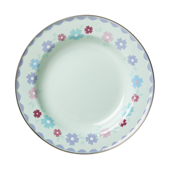 Pastel Green Enamel Lunch Plate with Flower Print
