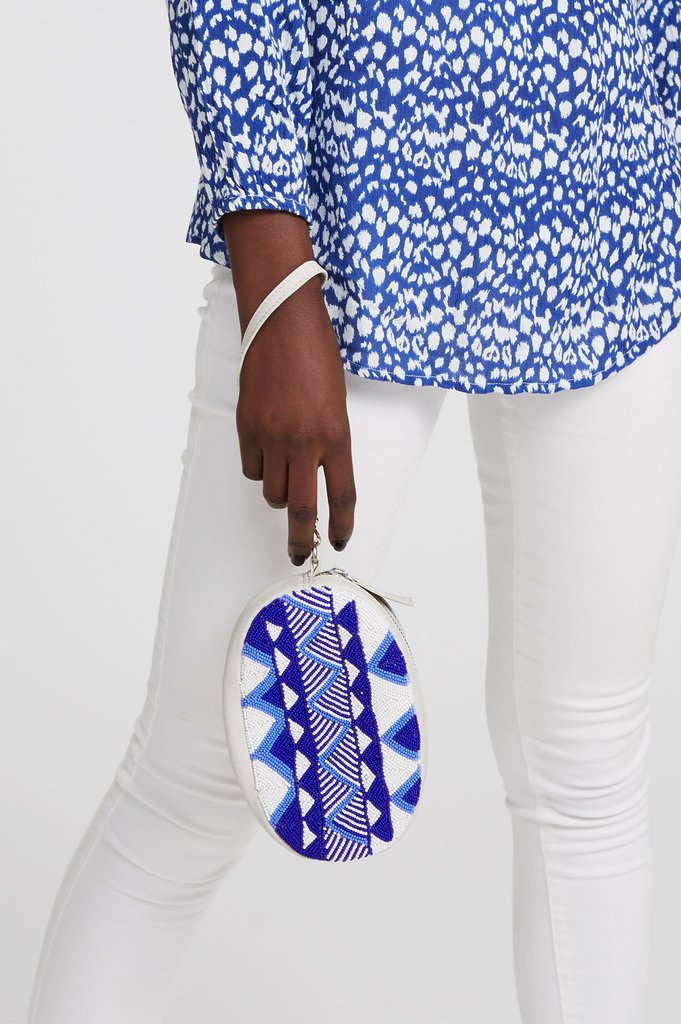 Blue & White Mariana 3 in 1 Leather Beaded Bag