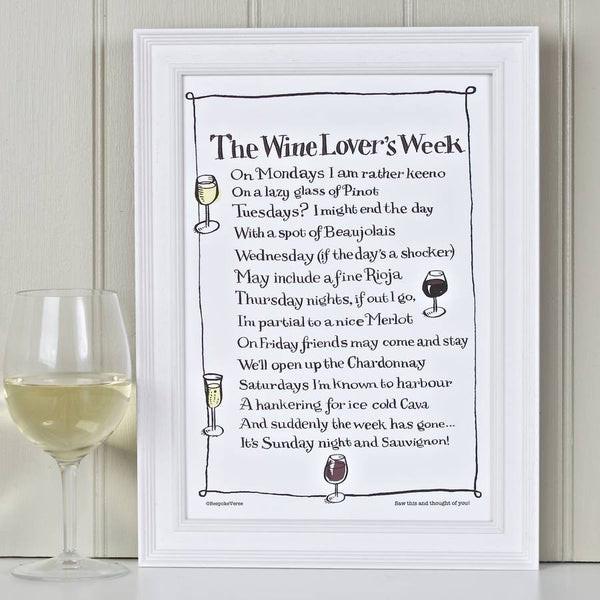 'The Wine Lover's Week' Poem Print
