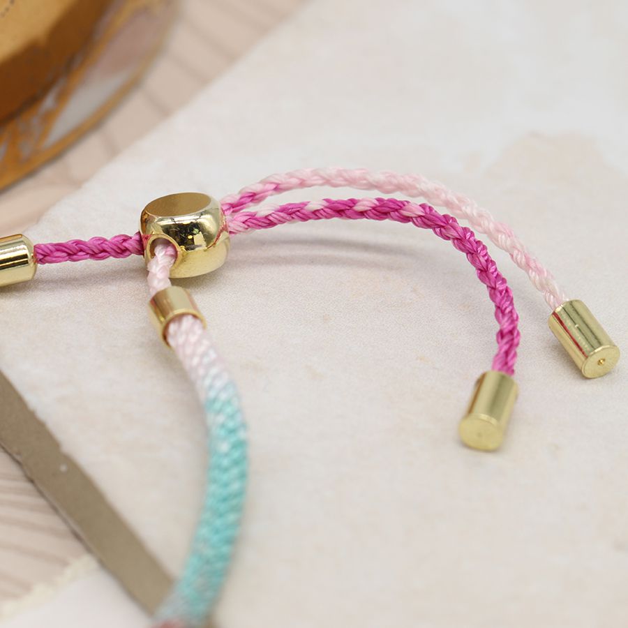 Pink Yellow & Blue Mix Cord Bracelet with Semi-Precious & Brass Beads