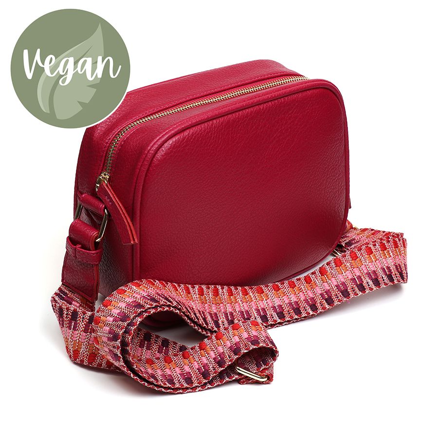 Red Vegan Leather Crossbody Bag With Zigzag Strap