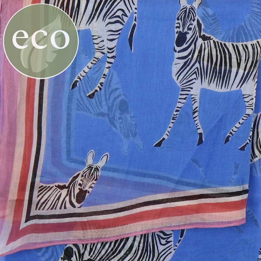 Vibrant Blue Zebra Print Scarf With Pale Pink Border