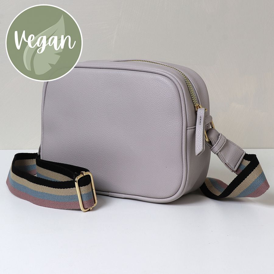 Pink/Grey Vegan Leather Crossbody Bag With Striped Strap