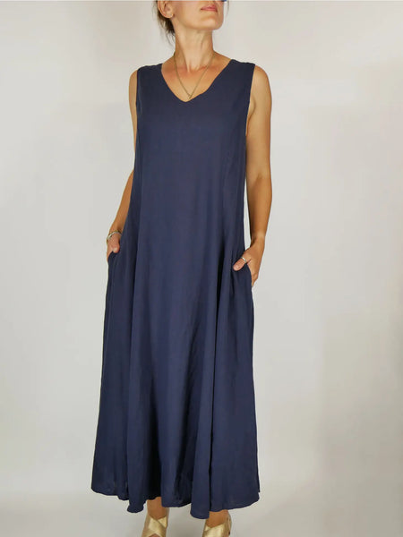 Linen Venetian V Neck Dress Navy