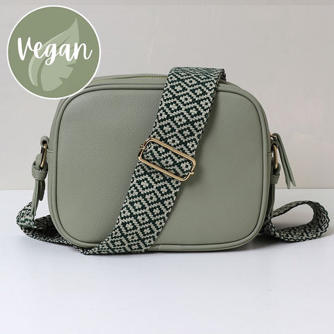 Pale Green Vegan Leather Crossbody Bag With Diamond Strap