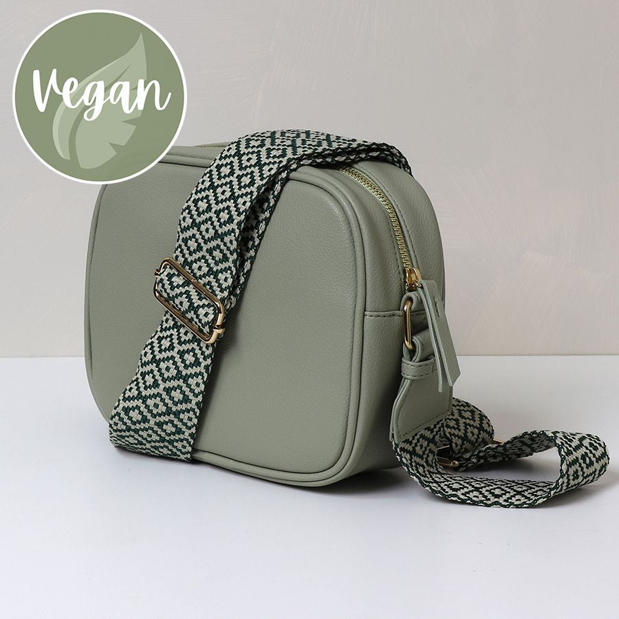 Pale Green Vegan Leather Crossbody Bag With Diamond Strap