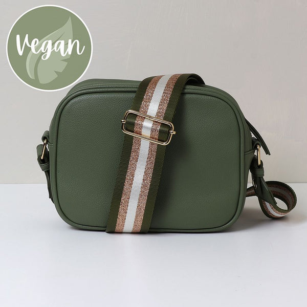 Khaki Vegan Leather Crossbody Bag With Striped Strap