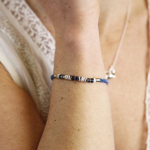 Blue Mix Cord Bracelet with Semi-Precious & Brass Beads