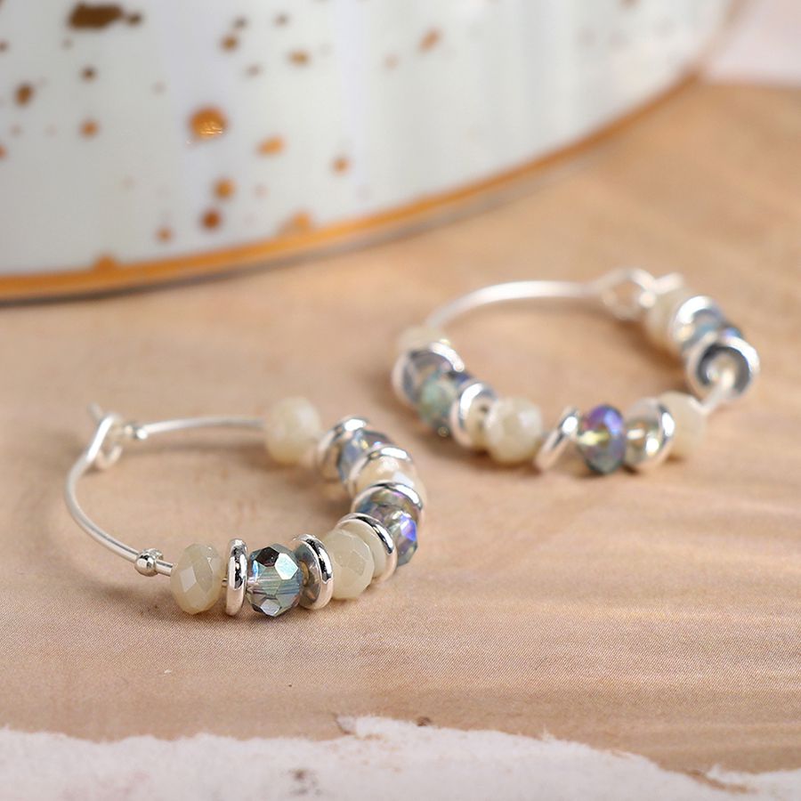 Silver Plated Wire Hoop Blue Bead Earrings