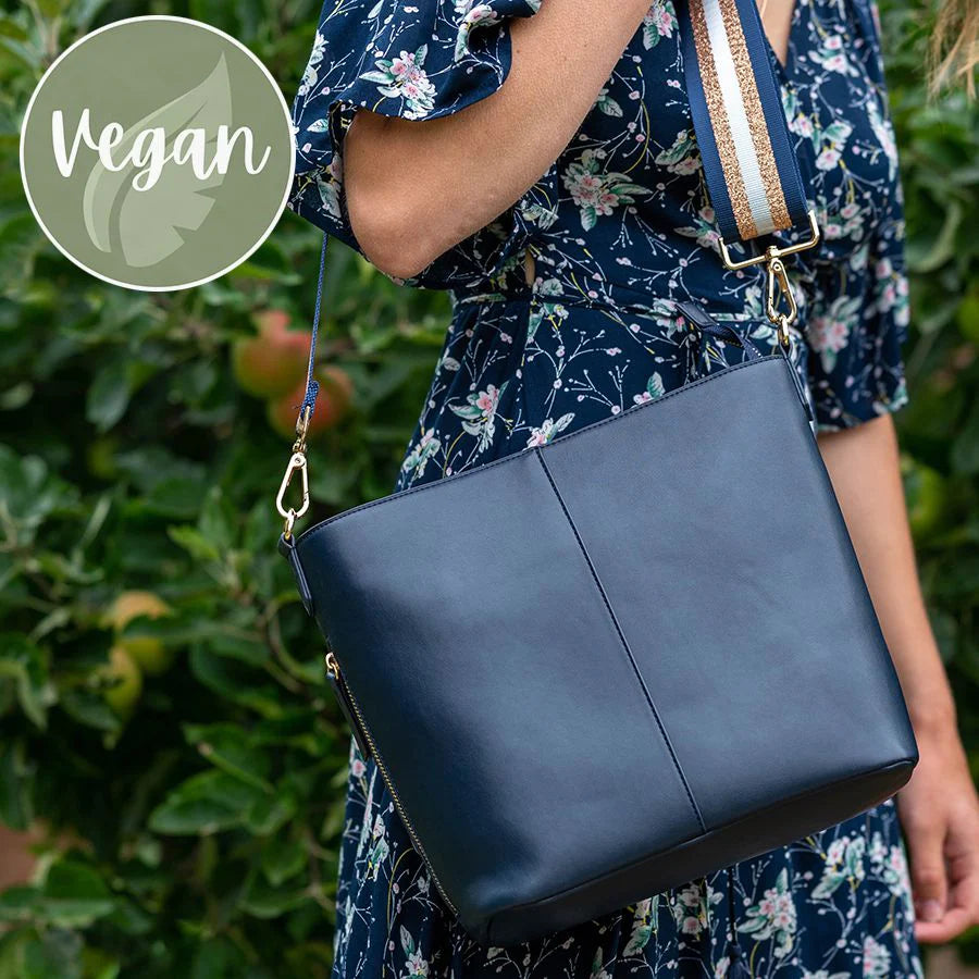 POM Navy Vegan Leather Shoulder Bag With Striped Strap Indigo Blue Trading