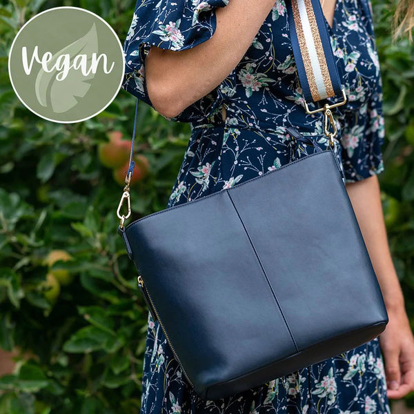 Classic Navy Vegan Leather Crossbody Bag With Navy & Gold Striped Strap
