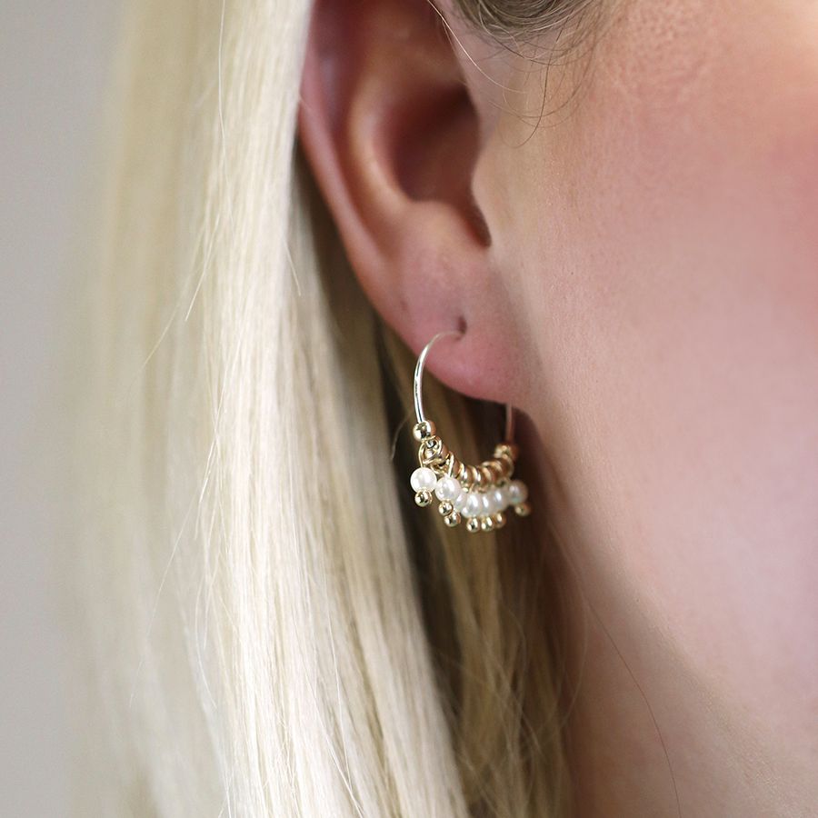 Silver Plated Wire Hoop Earrings With Golden Beads & Pearls