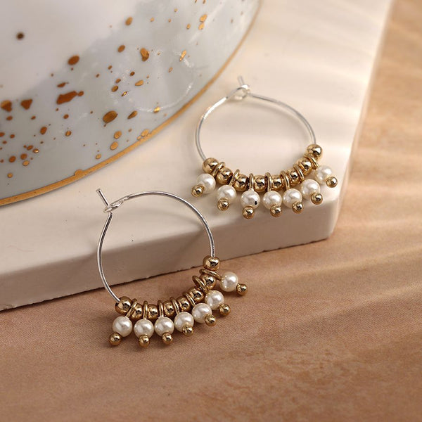 Silver Plated Wire Hoop Earrings With Golden Beads & Pearls