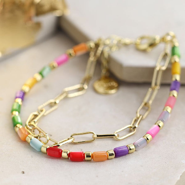 Rainbow Shell & Gold Plated Chain Bracelet