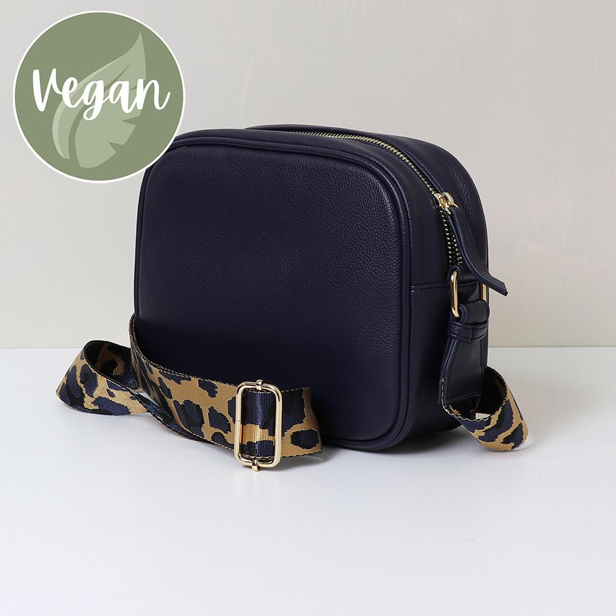 Navy Vegan Leather Crossbody Bag With Animal Print Strap