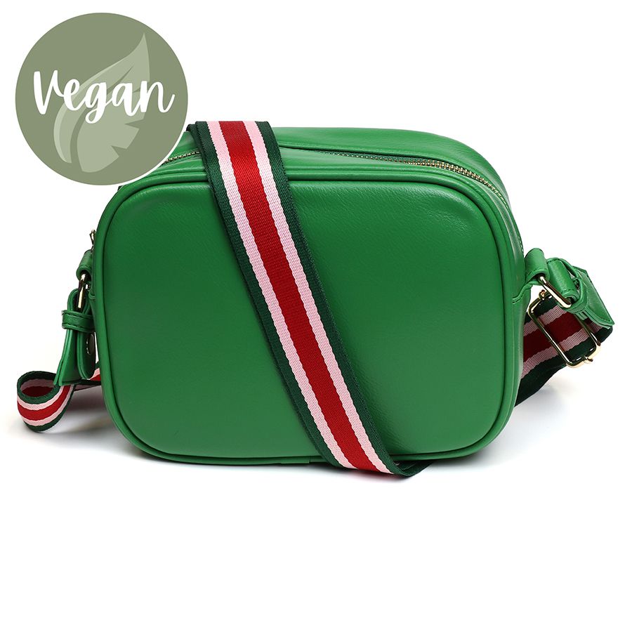 Green Vegan Leather Crossbody Bag With Striped Strap