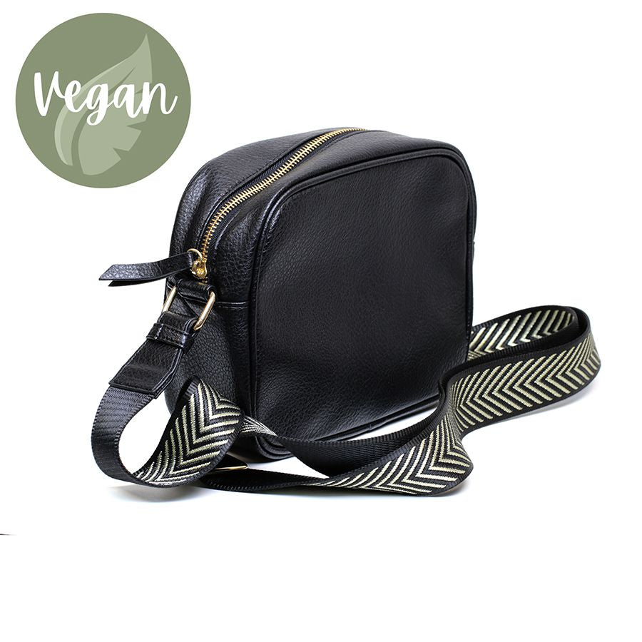 Black Vegan Leather Crossbody Bag With Gold/Black Chevron Strap