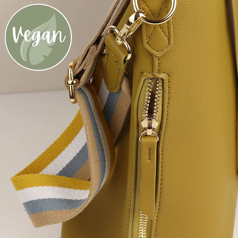Classic Mustard Vegan Leather Crossbody Bag With Woven Striped Strap