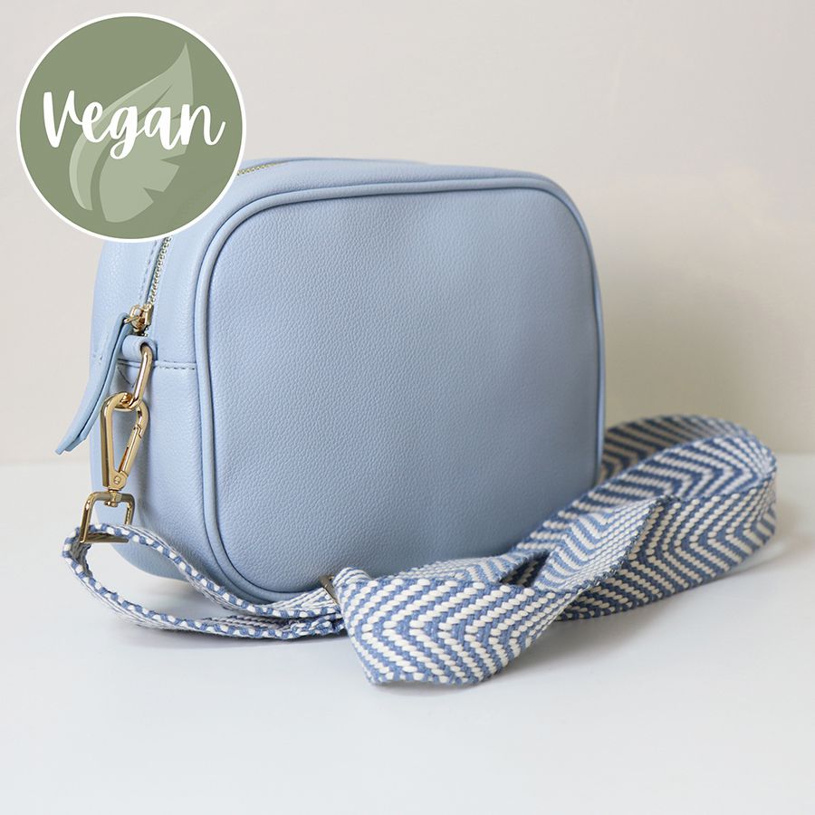 Baby Blue Vegan Leather Crossbody Bag With Chevron Strap