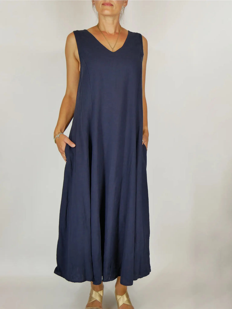 Linen Venetian V Neck Dress Navy