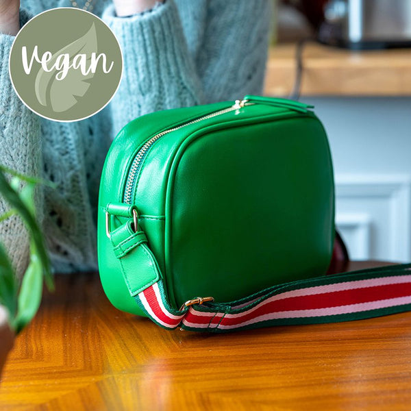 Green Vegan Leather Crossbody Bag With Striped Strap