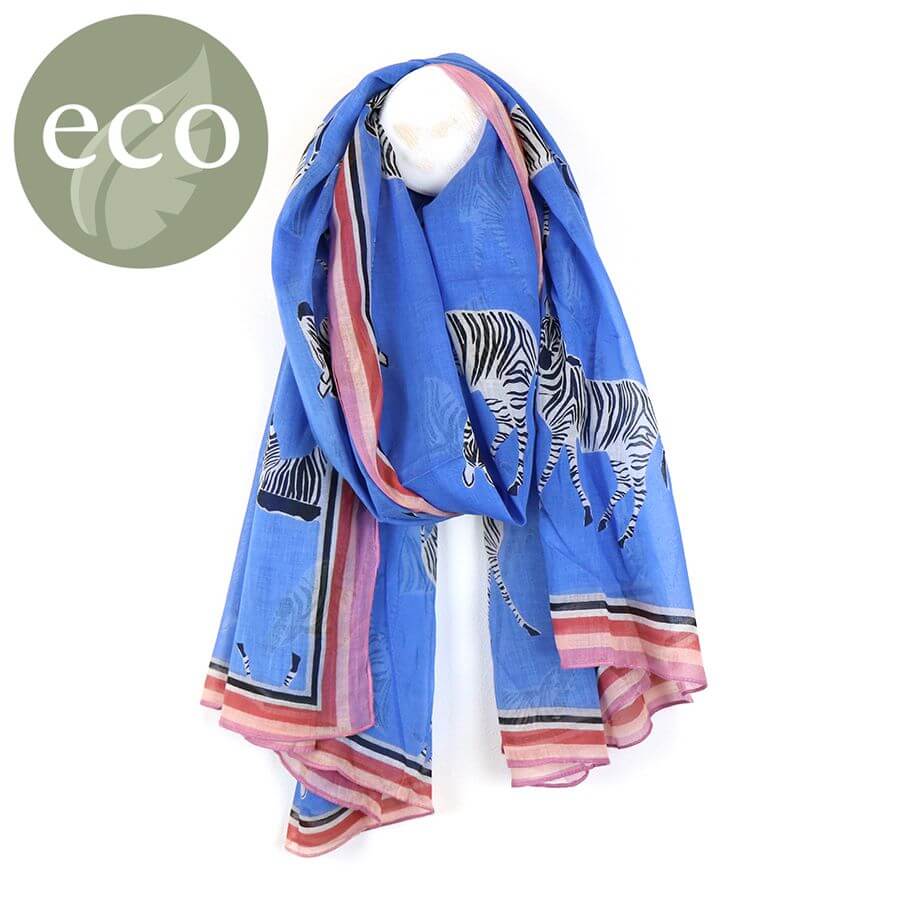 Vibrant Blue Zebra Print Scarf With Pale Pink Border