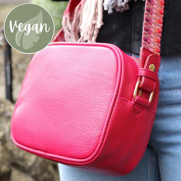 Red Vegan Leather Crossbody Bag With Zigzag Strap