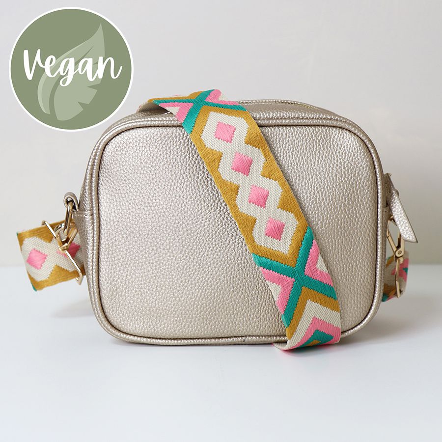 Gold Vegan Leather Crossbody Bag With Diamond Strap